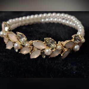 Elegant Pearl Pink and Gold Leaf Bracelet w/white gems